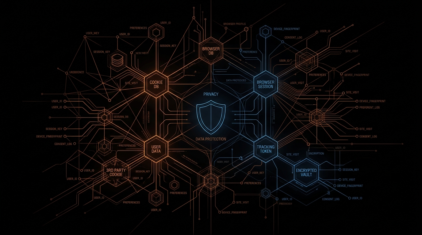 Cookie policy database and privacy nodes abstract illustration