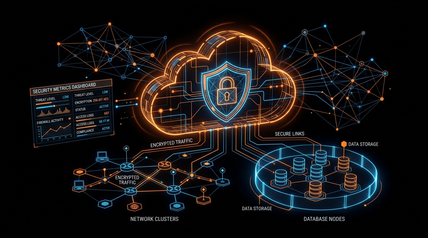 Security and compliance cloud servers metrics dashboard illustration