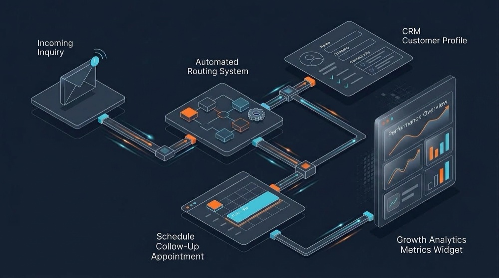 Connected small-business workflow diagram showing customer enquiry intake, automated routing, CRM profile sync, appointment follow-up, and growth analytics