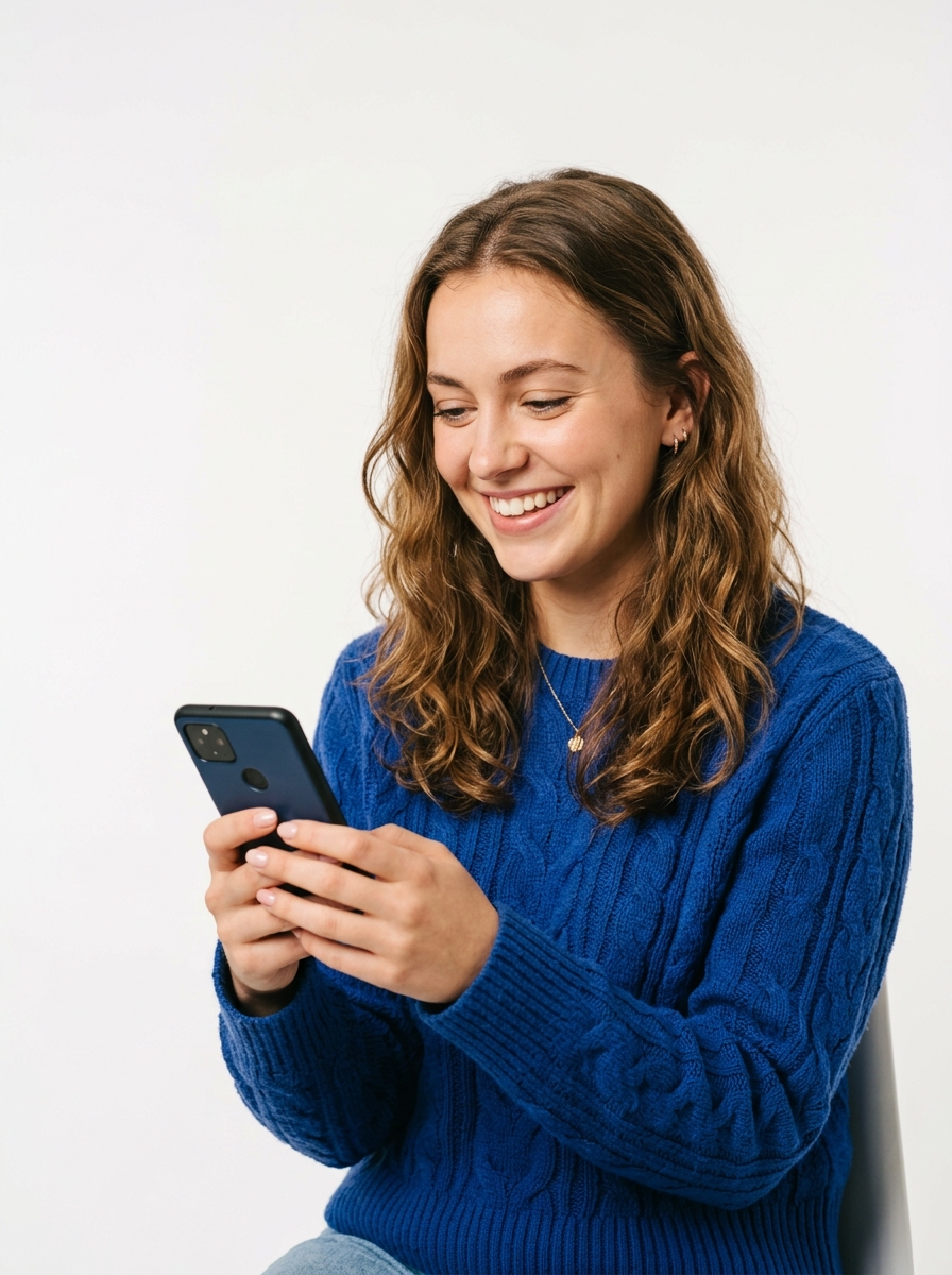 Woman smiling while using her smartphone
